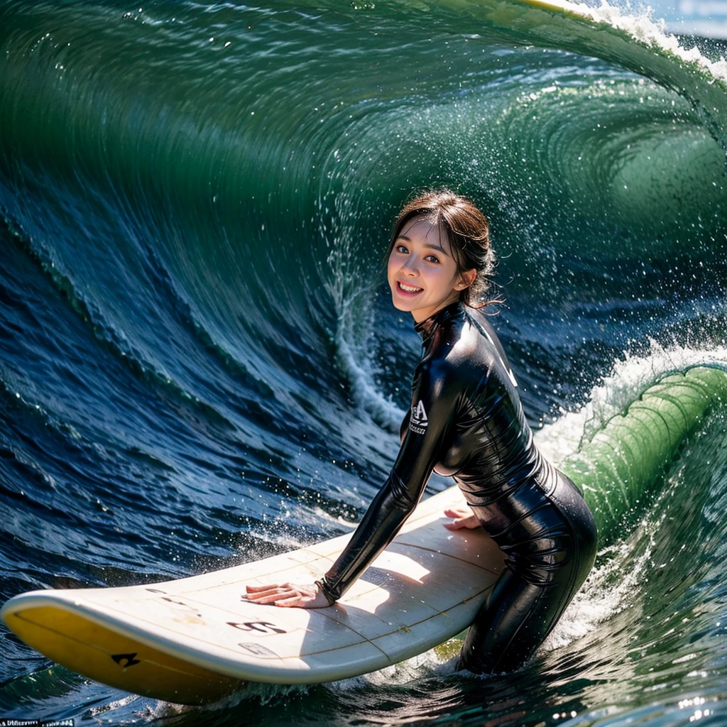 (8K、RAW Photos、top-quality、​masterpiece:1.2)、(realisitic、Photorealsitic:1.37)、ultra-detailliert、超A high resolution、Attractive *********** Japan woman surfing、****、A dark-haired、poneyTail、small tits、Wearing a school swimsuit、splash water、mare、Big waves