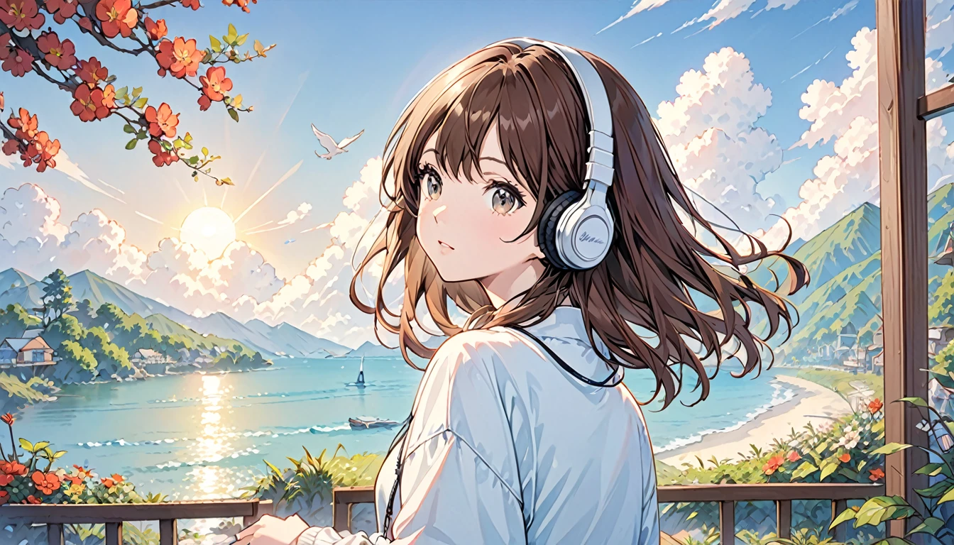 Girl wearing headphones,Brown Hair,1 person,Detailed Background,「Peace of mind」,relax