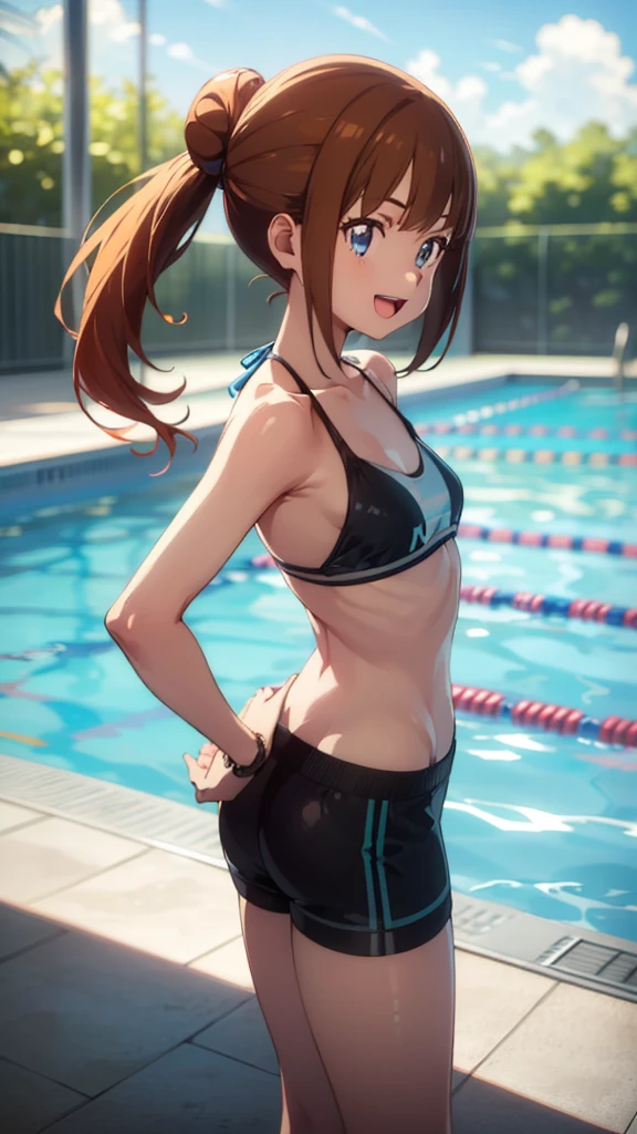 1 girl, masterpiece, best quality, highres, ro1, Misty from pokemon, hair bun, blue eyes, bikini top, blue bicycle shorts, small ponytail on the side, wristwatch, standing, hand on hip, smile, open mouth, (sparkle:1.1), orange hair, medium breasts, 3/4 body view, outdoors, swimming pool
