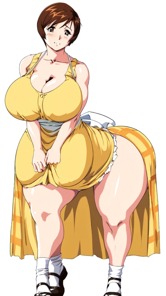 masterpiece, highest quality, High resolution, One girl, solo, sexual intercourse, Pornographic images, short hair, etsukoto, brown Eyes, fine grain, fine grain, (((Thick thighs, Plump thighs, Voluptuous thighs, Thighs alone are enough))), ((Huge and ample breasts, Cleavage, big long breasts)), Naughty big,((big breasts are important))、((Naughty thighs)), L Cup, (thin:1.4),(Tight waist:1.4), (yellow dress:1.4), ((waist apron)), white panty, (((Simple Background))), ((Wide Hips)), Shiny, Oily skin, Mature mother, Calf, Seductive mature woman, milf, Perfect body, Plus Size Model, curvy, ample, etsukoto, blush, clavicle, retro artstyle, 1990s (style), (thick thighs:1.4), (from side:0.9), full body, feet, looking away, open stance, open legs, discovery stance,