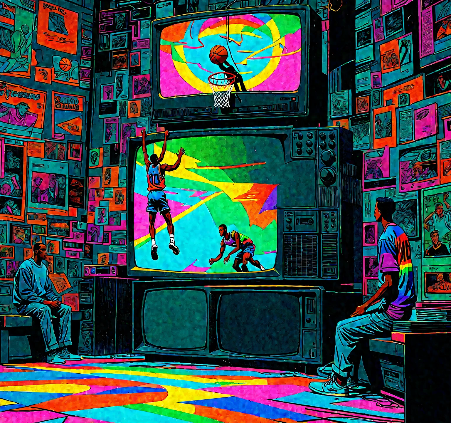 late night basketball, game winning dunk, analog tv glow, 1990s aesthetics, VHS, glitch, distorted, nostalgia, 90's retro vibes, analog tape, vcr aesthetics, tv, television, comic 1990's, animated tv show screengrab,  cinematic poster, image within image, multiple exposure, massive scale, rich color grading for shading depth, hand drawn rotoscope cartoon realism, chiaroscuro lighting, mixed media, vintage comic, retro original design, 1990's comic, sense of movement energy, (full roygbiv color) ink charcoal expressive illustration
