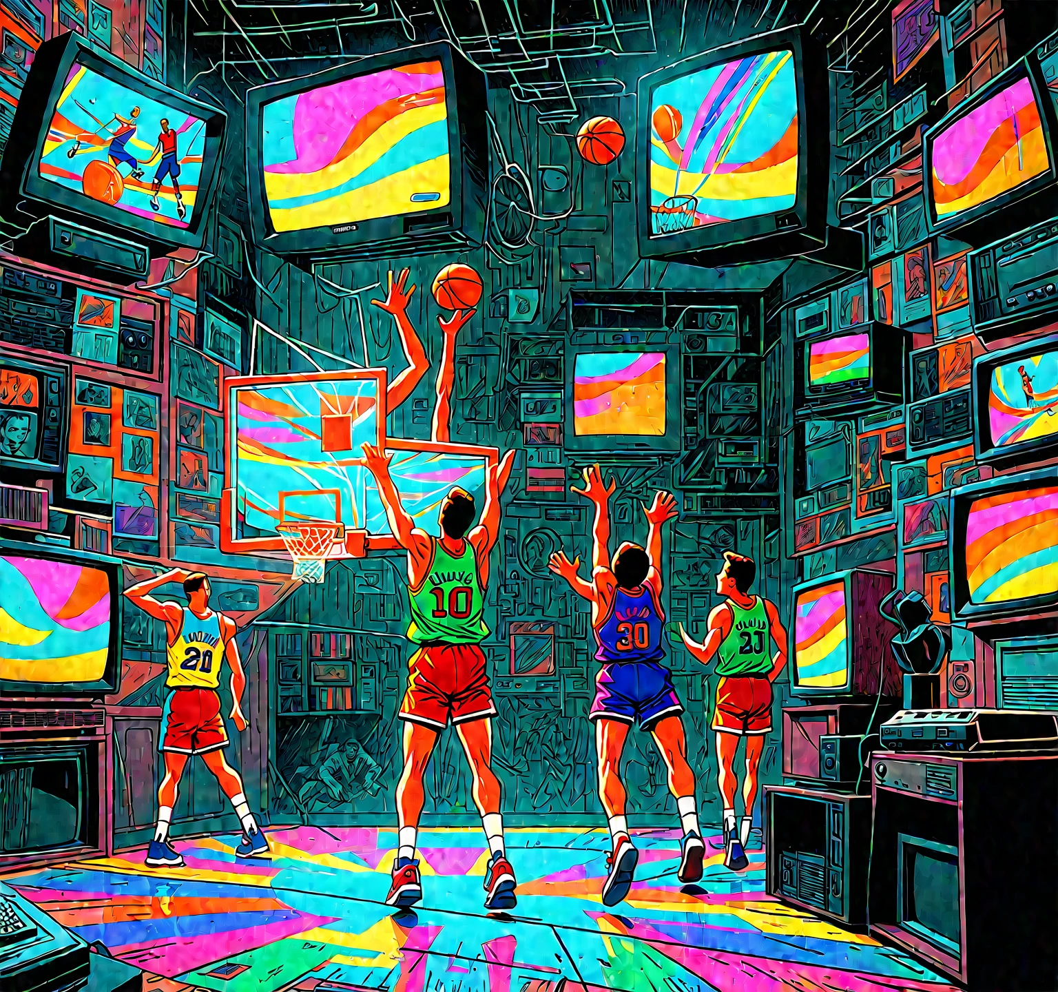 late night basketball, game winning dunk, analog tv glow, 1990s aesthetics, VHS, glitch, distorted, nostalgia, 90's retro vibes, analog tape, vcr aesthetics, tv, television, comic 1990's, animated tv show screengrab,  cinematic poster, image within image, multiple exposure, massive scale, rich color grading for shading depth, hand drawn rotoscope cartoon realism, chiaroscuro lighting, mixed media, vintage comic, retro original design, 1990's comic, sense of movement energy, (full roygbiv color) ink charcoal expressive illustration
