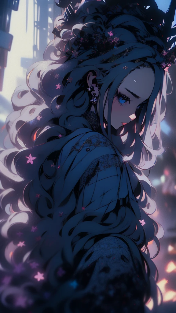 hyper-realistic of a mysterious woman with flowing dark hair, piercing blue eyes, and a delicate floral crown, backwards, looking back, upper body