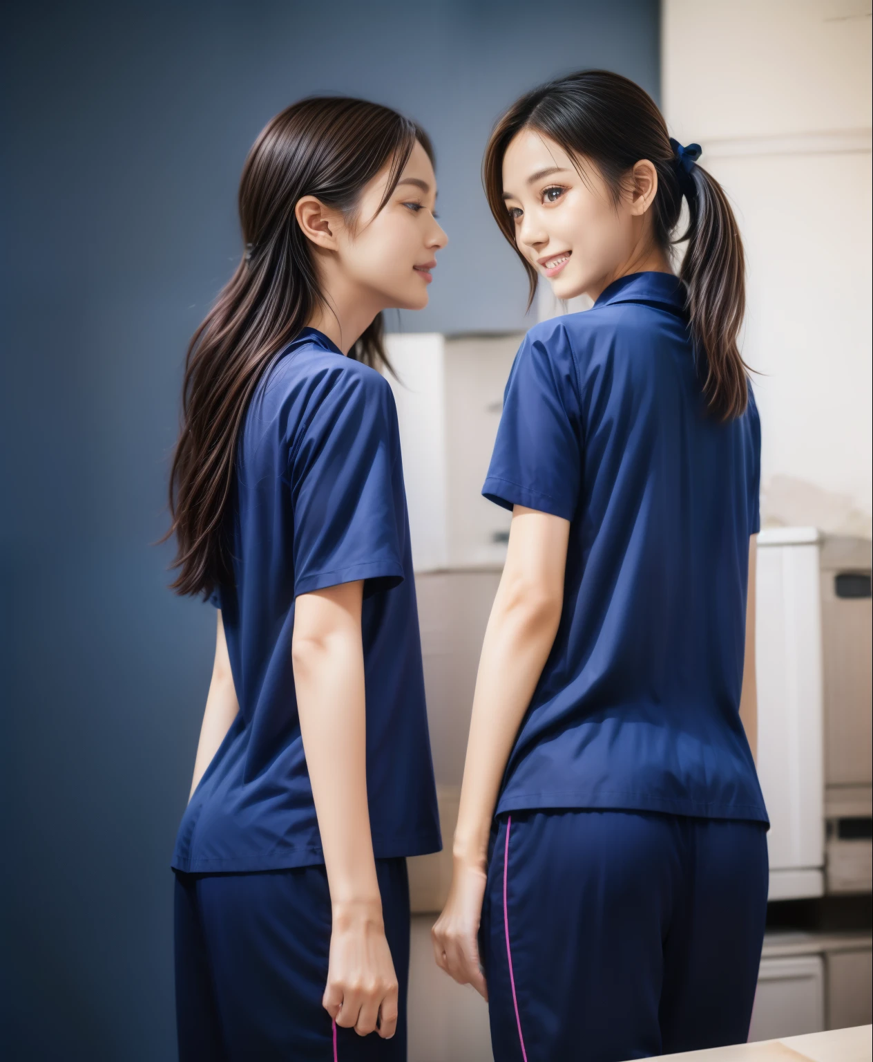 (best quality,10,10,height,Masterpiece:1.2),Special details,(realistic,ภาพrealistic,Realistic photos:1.37),1 Cute girl in the kitchen,shiny, ผิวshiny,only,smile softly,BDclothelue shirt:1.3)),short sleeve,shirt, กางเกงขาlong.,(navy_long_track pants:1.1), ((Kitchen Background)),Dynamic angle,excited,Face focus,dynamic poses,from behind,focus on ass,Masterpiece, best quality, ultra realistic, hyper detail, 8k resolution, raw photos, Sharp focus, ((Navy blue shirt:1.1)), short sleeve, เส้นทางlong, perfect body, 2 mature women, 18 years old, Cinema-grade lighting system,blue sweatpants,shirtผ้าออกกำลังกาย,correct anatomy,perfect body, correct body, Sharp face, correct bodyทางกายวิภาค, full body, realistic gestures, long-haired, realistic poses,Wear long shorts...........................,ช่วงขาlong,Good shape,carved girl, Slender figure, model, Good shape, beautiful body,blue sweatpants, two girls kissing