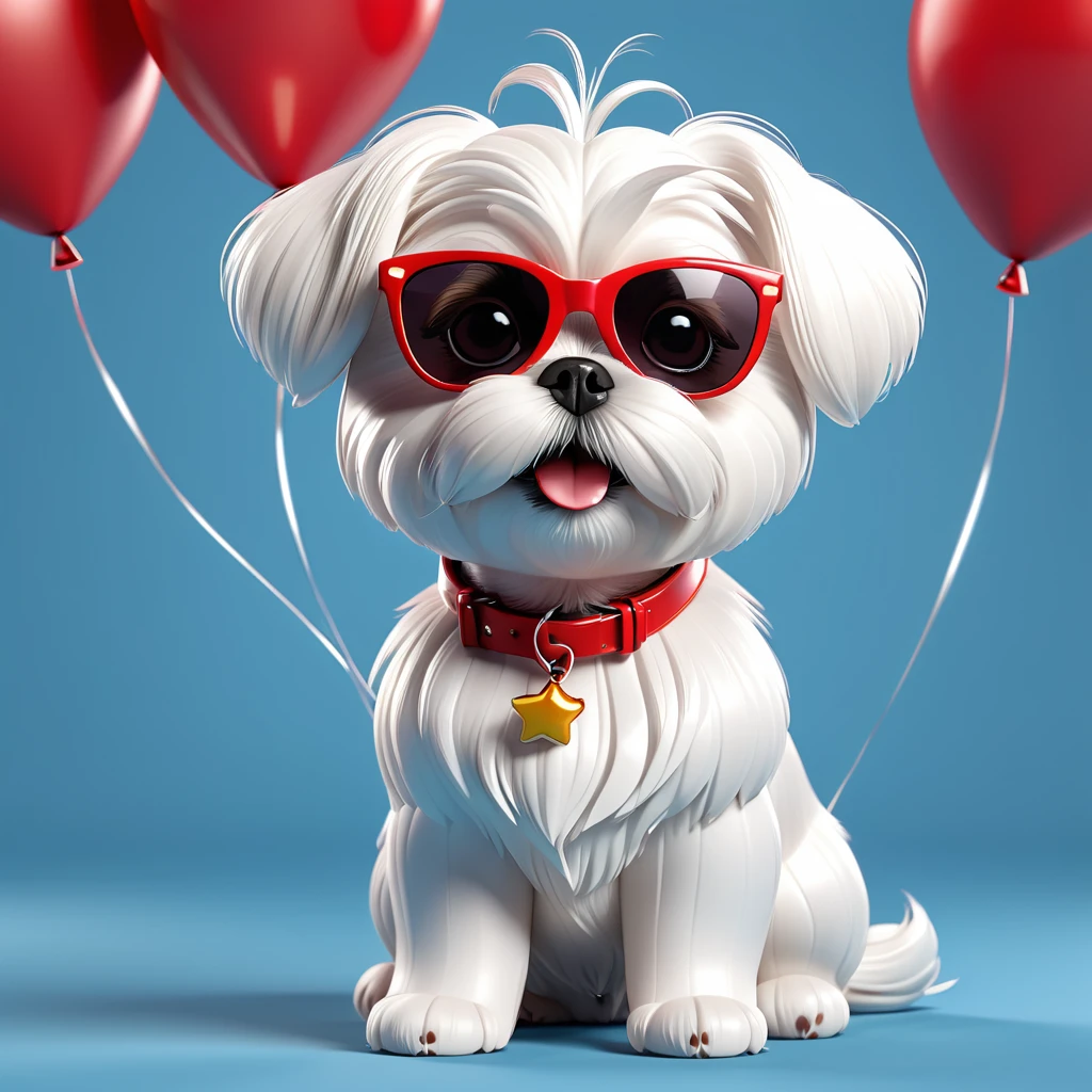 Adorable small white Shih Tzu puppy wearin red sunglasses balloons flying 3d cartoon 3d render disney pixar style