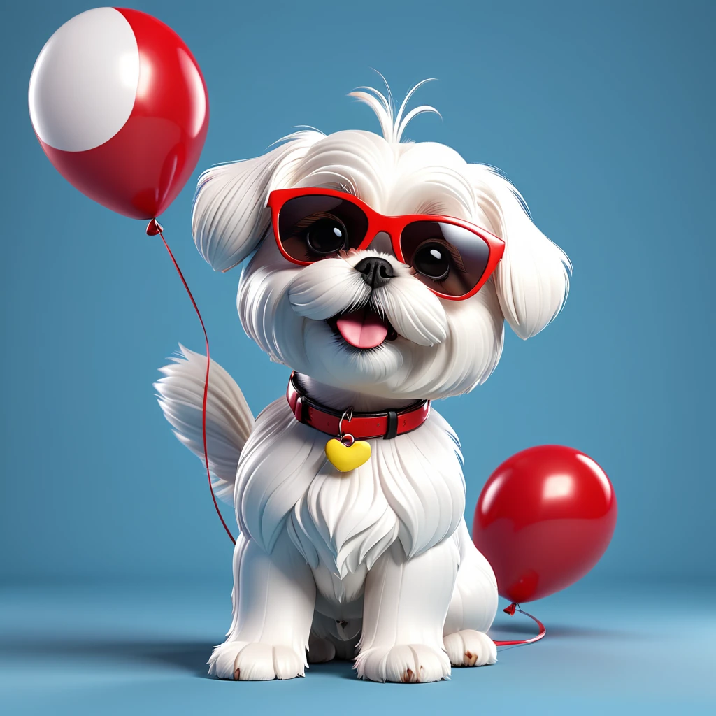 Adorable small white Shih Tzu puppy wearin red sunglasses balloons flying 3d cartoon 3d render disney pixar style