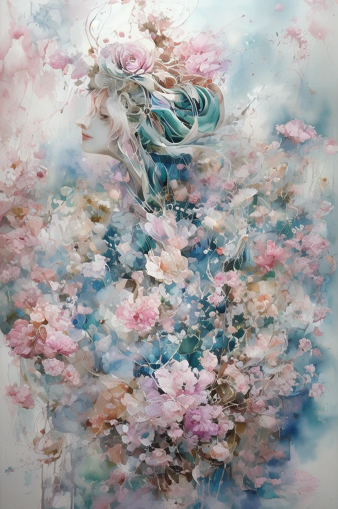 Abstract steampunk wise woman, fantastic flower garden, pink and sky blue, Watercolor insane painting on white canvas, be familiar with, delicate touch, A true masterpiece watercolor painting, water splash、masterpiece、highest quality、excited、anger、expressing victory、detailed description、