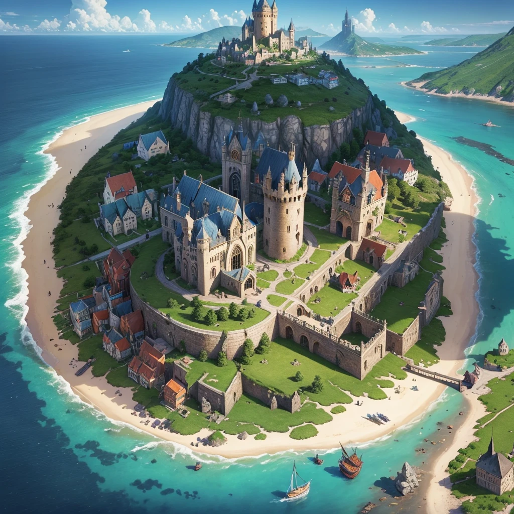 A small magical medieval island city, top-down view, houses, various important locations, wizard's castle, medieval architecture, luminous details, wizard's tower with magical lights, welcoming asylum, vibrant school, robust bank, lively tavern, military training grounds, bustling market, official mayor's building, discreet brothel, port with docks, blue surrounding water, protective walls, vibrant colors, D&D map, drawn, small island, rpg drawing, fantasy sketch, various buildings, assymetric, round island, Small city, simple drawing, sketch, painting, floating island, flying island, painting
