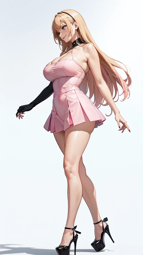 ((masterpiece, high resolution, better quality, better details)), ((Marin Kitagawa)), ((Smiling)), ((one girl)) a girl modeling standing, mini skirt, blouse, ((big neckline)), ((platform high heels)), pink eyes with black outline, (light blonde hair, straight hair, straight bangs, long hair)), long nails, pink nails, (((curvy body))), shiny skin, ((side view)), solo, bare shoulders, full body, focus full body, high heels, ((White background)),