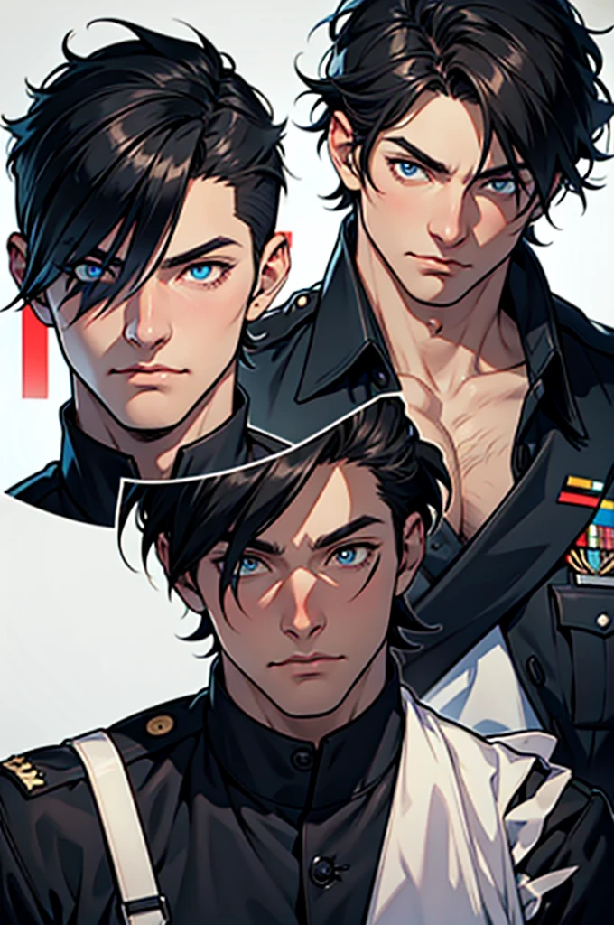 Full character(from head to foots), a male character with white skin,black hair, red left eye and blue right eye, using black military uniform.
