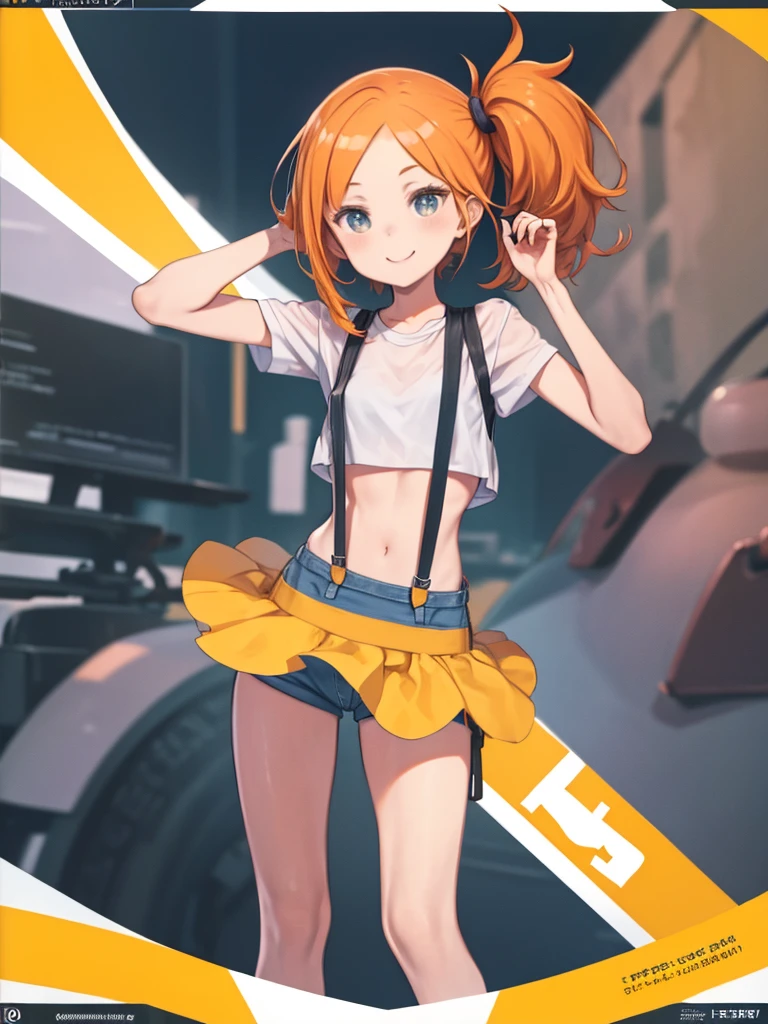 (The highest image quality, master piece:1.2), (Ultra Definition Illustration), BREAK, Misty, (1 girl:1.2), BREAK, Solo, (frustrated look:1.3), Full body, Round *********, (Orange Hair with one pony tail:1.2), BREAK, (sleeveless short yellow crop top, a pair of red suspenders, exposed midriff), (bare thighs), denim shorts (bare shoulders, bare arms), BREAK, at a gym, Fancy Room, Beautiful legs,