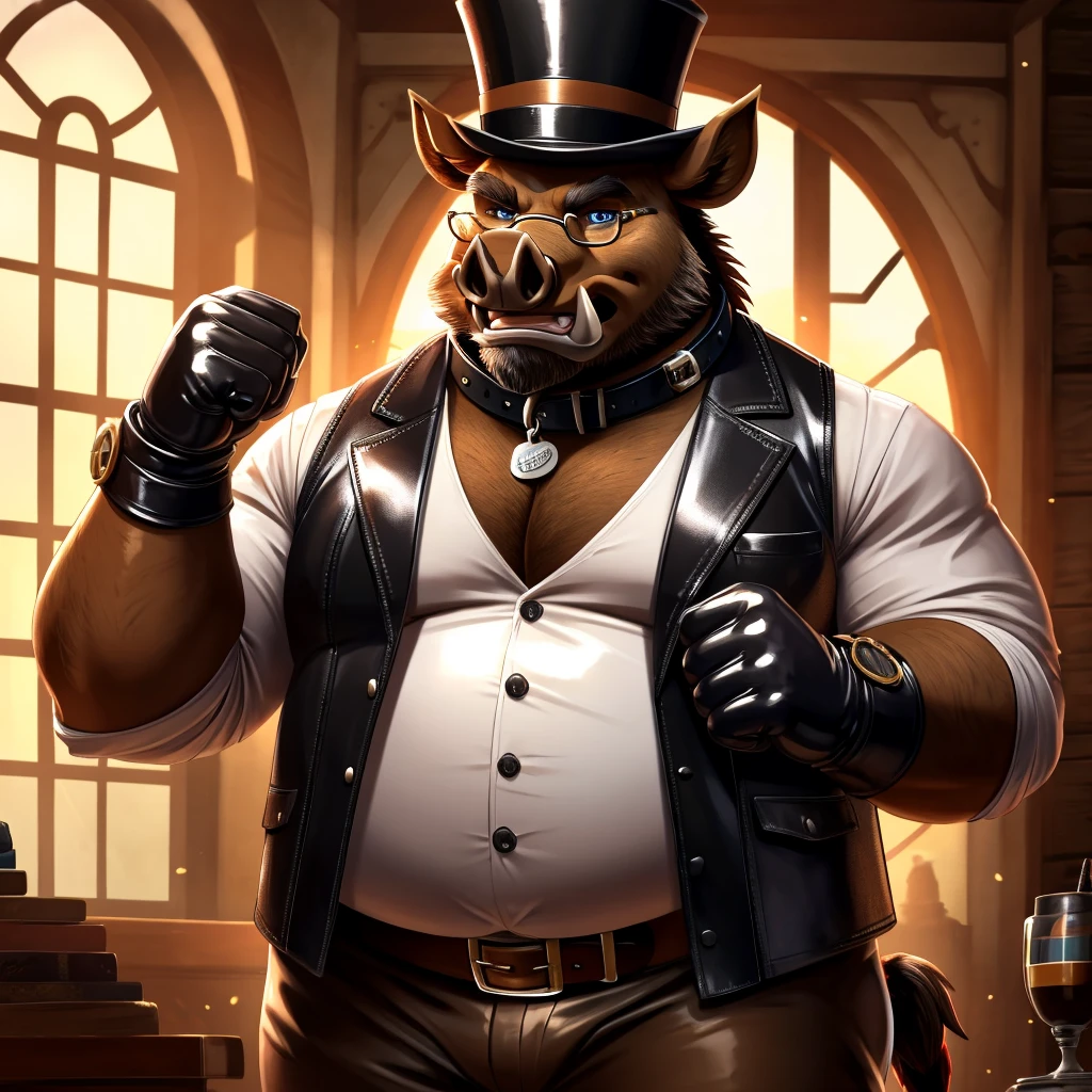 Solo, Male, fat, extremely obese, gentleman, dapper Professor Boar, blue eyes, (posing:1.3), (soft shading), 4k, hi res, ((detailed face, detailed)), looking at viewer, mouth wide open, steampunk, collared shirt with buttons, top hat, male focus, Explorer Outfit, glasses, monocle, vest with buttons, sleeves rolled up, round eyewear, brown headwear, brown vest, Boar is wearing a glossy leather dog collar around the neck, Boar is wearing the leather collar and shirt and vest at the same time, Boar is wearing glossy white rubber gloves on the hands, wearing white rubber gloves on the feet, gloves are rubber in texture, clenching teeth, clenching fists, leather collar is glossy and shiny with a lot of detail, Boar is wearing gloves and leather collar at the same time, leather collar has a round dog-tag, leather collar is thick and detailed, leather collar is glossy and shiny, fancy clothing, dapper vest, dapper shirt, leather collar is thick, glossy leather collar.