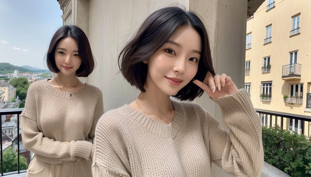 high quality, 1 woman, ((36-year-old healthy Korean woman)), ((36 years old)), 1 woman, Smile. ((slim)), ((short medium hair)), pose: standing, Myeongpum brand sweater, background:Your residence is a baroque townhouse with a plaster façade and wrought iron railings.., Overlooking the Salzach River and Hohensalzburg Fortress, 1 woman ((1 woman)) normal fingers