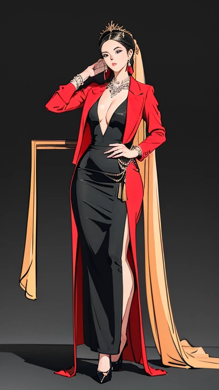 ((best quality,4k,highres,masterpiece:1.2)),((character concept art)), 1 female, Lucienne Chevalier, famed opera singer, confidant in matters of art and culture to the Marquis. Her captivating beauty is as enchanting as her voice. She subtly influences cultural circles and holds sway in decisions affecting the patronage of the arts, making her a potential asset or liability. ((intricate detail)), super finely detailed hands, ultra finely detailed fingers(((ten fingers))), wearing a Christian Dior Haute Couture Evening Gown in red with a deep v low cut design and a side slit. She is wearing a cinched Christian Dior Bar Jacket over her gown, creating an hourglass silhouette. Her outfit is accompanied by Christian Dior J'adior Slingback Pumps. She carries a Christian Dior Lady Dior Handbag, and a Christian Dior Mitzah Scarf tied gracefully around her neck. Her look is completed with Christian Dior Tribales Earrings. Her gaze is confident and alluring, reflecting her esteemed position and captivating personality, (standing gracefully), (full body showcase), (show full body), (no logos on background), (no logo), ((plain background)), ((plain background)), (((empty background))).