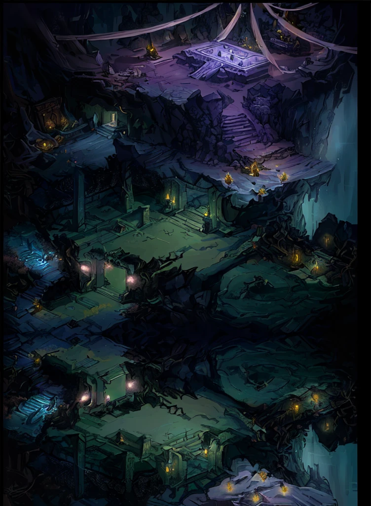 (masterpiece, Top quality, best quality, Official Art, beautiful and aesthetic:1.2), A dark and mysterious underground cave，Full of relics、Stone Altar、Torch lighting and vine-covered stonework and walls，The top floor has a stone coffin， magical fantasy 2 d Concept Art, Detailed digital 2D fantasy art, luminescent Concept Art, intricate and epic Concept Art, painted as a game Concept Art, dark Concept Art, Isometric Game Art, Detailed game art, ultra Detailed game art, Concept Art, Concept Art