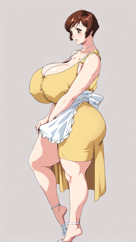 masterpiece, highest quality, High resolution, One girl, solo, sexual intercourse, Pornographic images, short hair, etsukoto, brown Eyes, fine grain, fine grain, (((Thick thighs, Plump thighs, Voluptuous thighs, Thighs alone are enough))), Huge and ample breasts, Cleavage, big long breasts, Naughty big,((big breasts are important))、((Naughty thighs)), L Cup, (thin:1.4),(Tight waist:1.4), (yellow dress:1.4), ((waist apron)), white panty, (((Simple Background))), ((Wide Hips)), Shiny, Oily skin, Mature mother, Calf, Seductive mature woman, milf, Perfect body, Plus Size Model, curvy, ample, etsukoto, blush, clavicle, retro artstyle, 1990s (style), (thick thighs:1.4), Bare legs, ((bursting breast)), firm breasts, (from side:0.9), full body, feet, looking away, open stance, open legs, discovery stance,