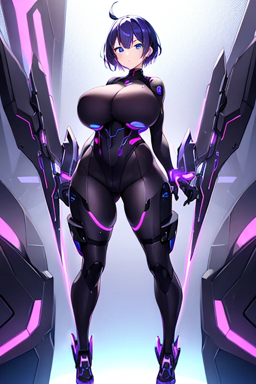 1girl, blue eyes, purple hair, very short hair, large breasts, hourglass figure, bodysuit, black bodysuit, neon, neon trim, machinery, tech, science-fiction, futuristic, standing, full body, ((full body)), pantyhose,