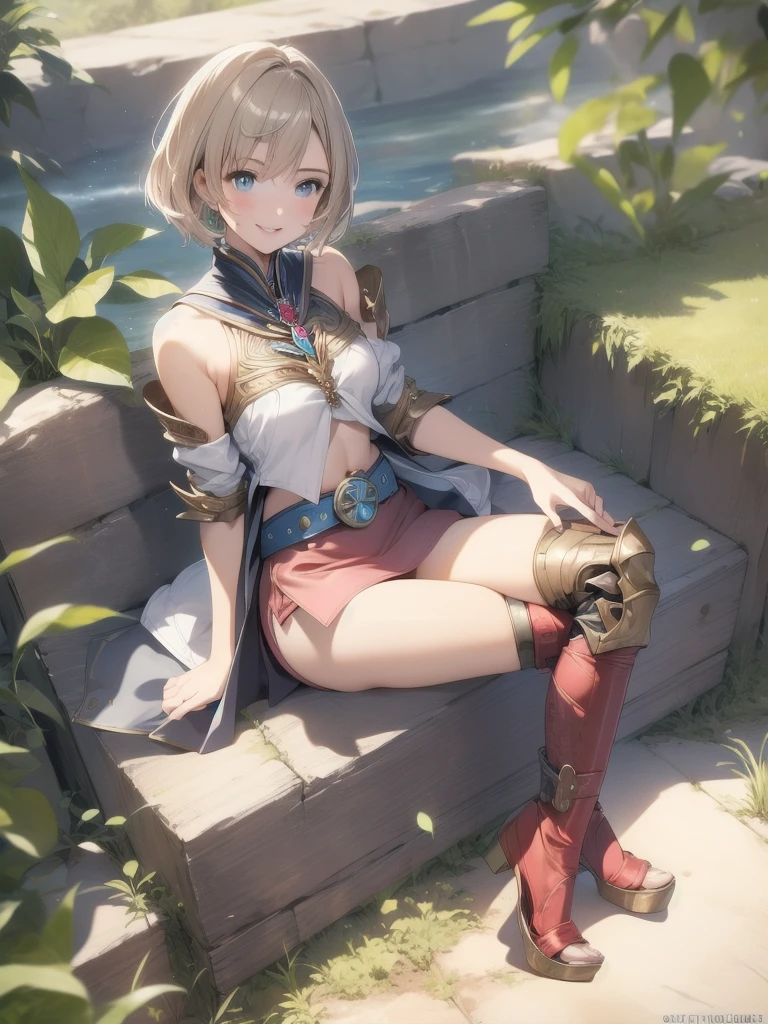 masterpiece, best quality, absurdres, perfect anatomy, 1girl, solo, Ashelia, short hair, AsheliaOutfit, miniskirt, thighhighs, jewelry, belt, standing, cowboy shot, smile, dynamic pose, dynamic angle, outdoors, plains, hills, (sitting, spreading legs by hands), spread crotch