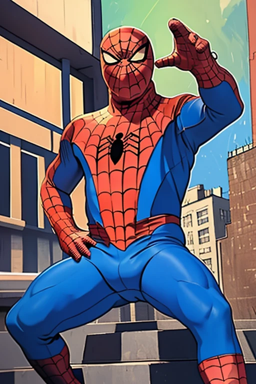 highly detailed, male, buff bara, large body, spiderman, detailed spiderman costume,colorful, (vibrant color:1.2), highly detailed background, painting (medium), abstract, BREAK (perfect anatomy and head and face and limbs and arms and hands and fingers and legs, expressive-eyes) sexy pose , city background