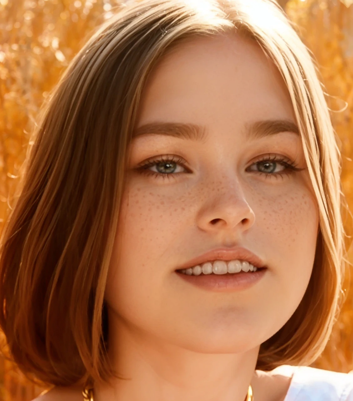 a one woman, americana, age 25, pale skin and freckles, grey-eyed, delicate nose, soft and delicate lips, distant, distant, wavy, waist-length blonde hair, Sweet smile, face with delicate feminine facial features, Highly Rendering, golden bracelet
