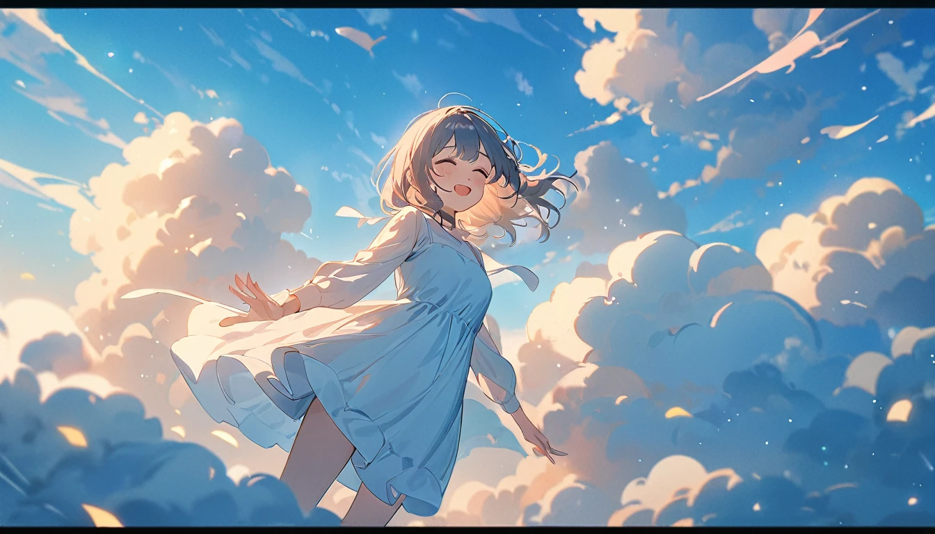 masterpiece, Highest quality, Movie stills, 1 Girl, Cloud Girl,Two Girls , Floating in the sky, close, bright, Happy, Warm and soft lighting, blue sky, (spark:0.7)