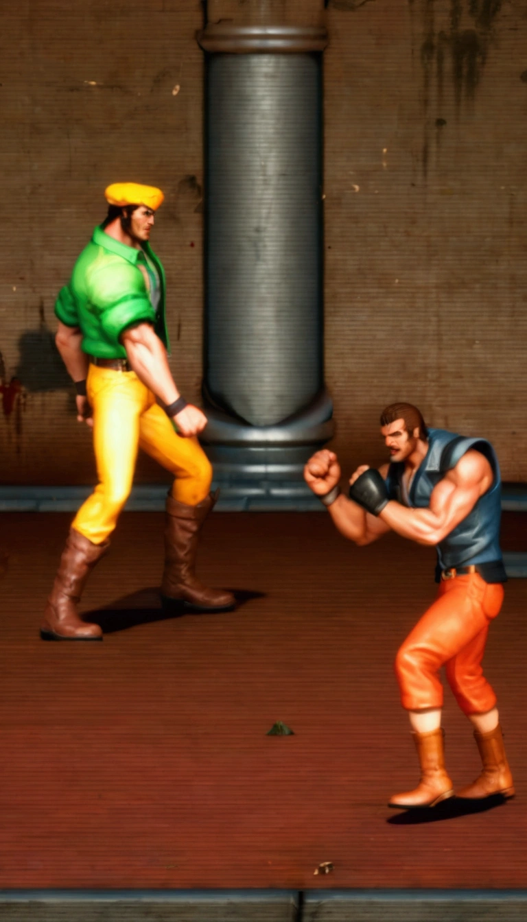 a video game of two men fighting each other, highly detailed characters, 1 man,1 man, muscular built men, intense combat, dynamic poses, detailed facial features, chiseled jawlines, piercing eyes, detailed clothing, leather jackets, jeans, combat boots, striking each other, fists colliding, motion blur, cinematic lighting, dramatic shadows, moody color palette, gritty urban environment, cracked concrete, graffiti walls, neon signs, (best quality,4k,8k,highres,masterpiece:1.2),ultra-detailed,(realistic,photorealistic,photo-realistic:1.37),cinematic camera angle, striking poses, intense action, dynamic movement, powerful impact