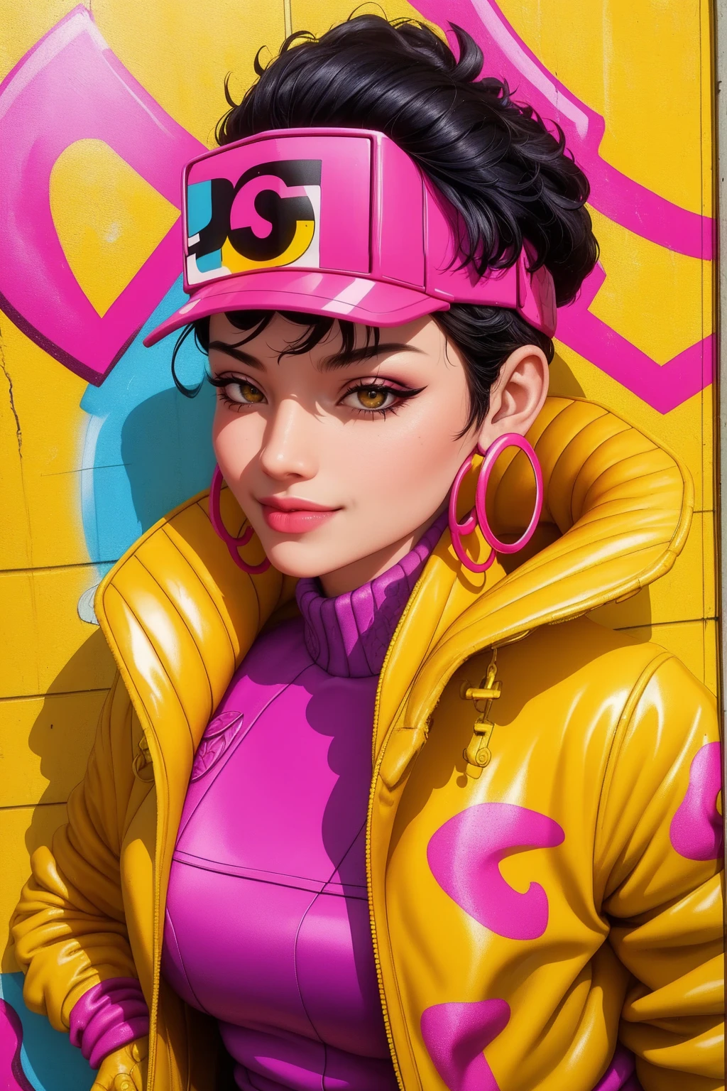 Jubilee,short black hair, brown eyes, solo, standing, upper body, smile, jubJak, open yellow jacket, purple shades on head, hoop earrings ,blue gloves, pink shirt, streets, chain fence, retro, graffiti, (insanely detailed, beautiful detailed face, masterpiece, beautiful detailed eyes, best quality)