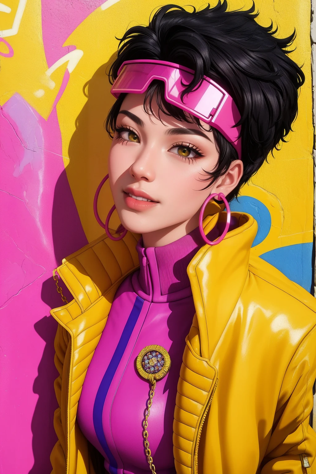 Jubilee,short black hair, brown eyes, solo, standing, upper body, smile, jubJak, open yellow jacket, purple shades on head, hoop earrings ,blue gloves, pink shirt, streets, chain fence, retro, graffiti, (insanely detailed, beautiful detailed face, masterpiece, beautiful detailed eyes, best quality)