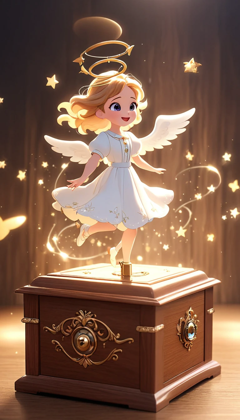 4K high quality shooting. (Disney Pixar style shooting: 1.5) (A cute angel girl rotates on the music box: 1.5). The music box is a retro wooden one.