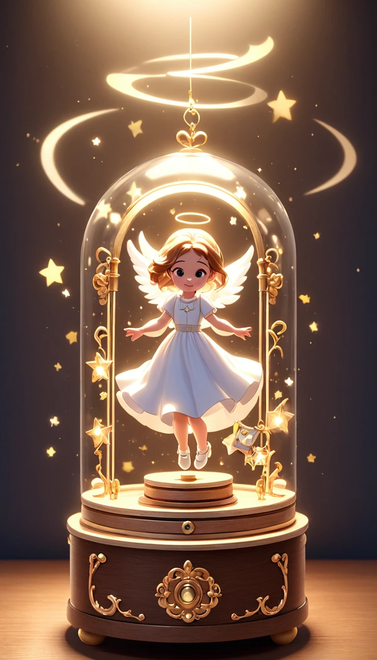 4K high quality shooting. (Disney Pixar style shooting: 1.5) (A cute angel girl rotates on the music box: 1.5). The music box is a retro wooden one.