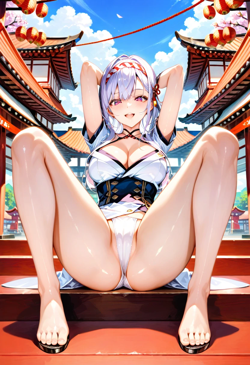 takeda hiromitsu style,(((nsfw))),(((White Fundoshi))),(((sit and spread legs))),(((knees up))),(((arms behind head))),(((white short sleeve kimono tops))),(((Show cleavage))),(double-breasted,underbust:1.2),(((Japanese festival twisted headband))),ulzzang-6500-v1.1, (Raw photo:1.2), (Photo realistic:1.4), a beautiful detailed girl, extremely detailed eye and face, beautiful detailed eyes, ultra-detailed, High resolution, top-quality, masterpiece, highly detailed, 8k wallpaper, Wonderful, finely detail, top-quality, Light on the face,Movie Lighting,1girl in,(),Beautiful eyes,smile,Opening Mouth