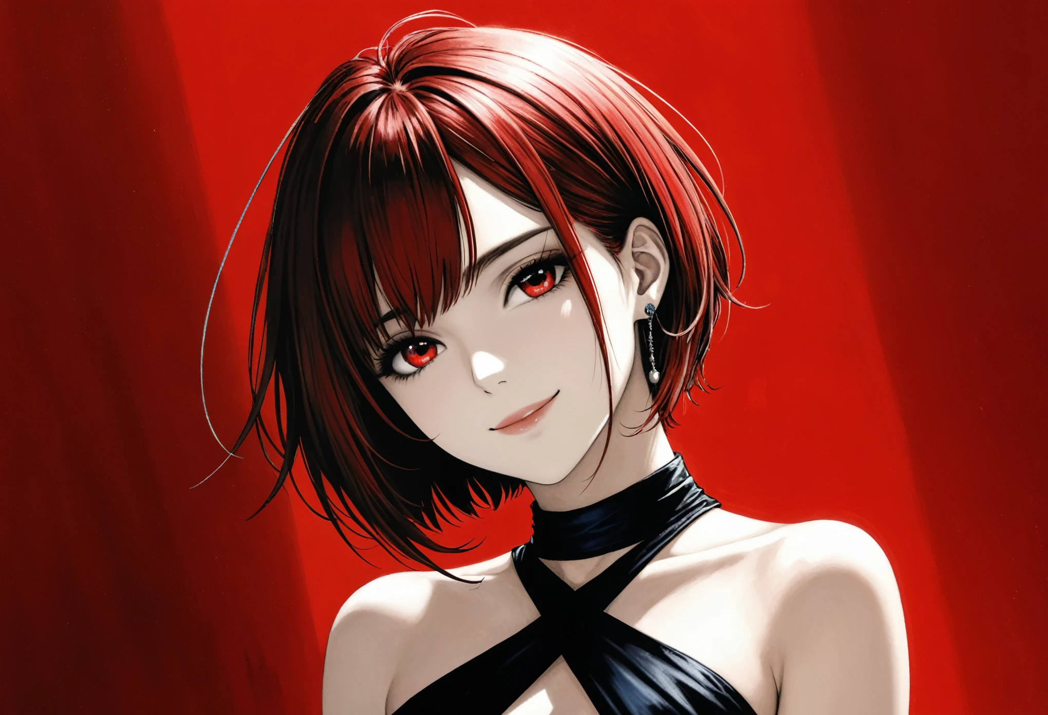 (in style of Santiago Caruso:1.1), 1 Girl,（90 degree tilt of neck，Face up：1.8）， criss-cross_halter，Large red background,Asymmetrical composition，Show earlobes，Stick out your ears，Pull your shoulders back，Smile，From the front，short blue bobcut hair, shinny Red eyes, (From below:1.3)，Divine top light，arrange hair，