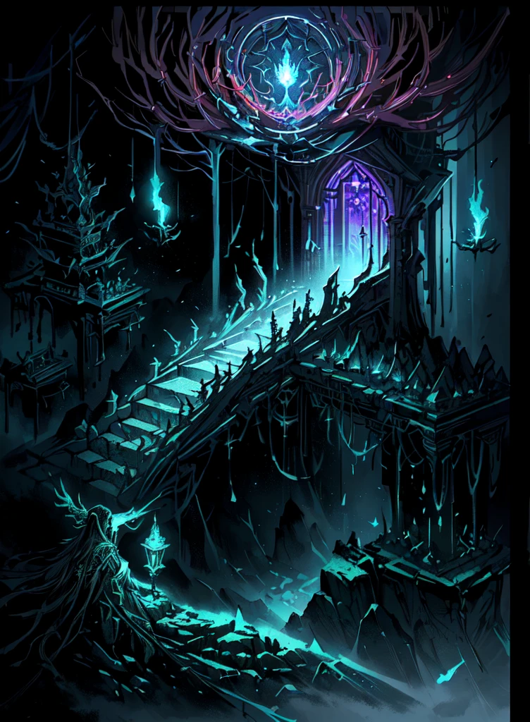 (masterpiece, Top quality, best quality, Official Art, beautiful and aesthetic:1.2), A dark and mysterious underground cave，Full of relics、Stone Altar、Torch lighting and vine-covered stonework and walls，The top floor has a stone coffin， magical fantasy 2 d Concept Art, Detailed digital 2D fantasy art, luminescent Concept Art, intricate and epic Concept Art, painted as a game Concept Art, dark Concept Art, Isometric Game Art, Detailed game art, ultra Detailed game art, Concept Art, Concept Art