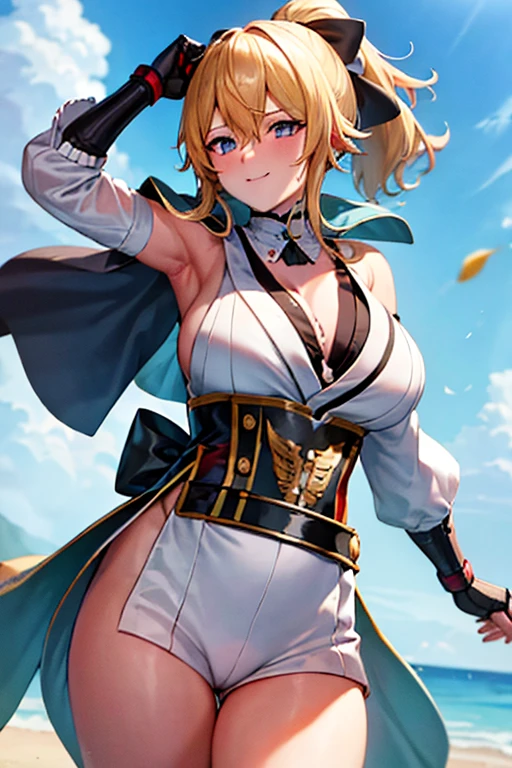 masterpiece, high resolution, best quality, rendered art, beautiful art, well formed fingers and hands, 1 woman, solo, Jean Gunnhildr, blonde, adult, grown up, 31 years old, large and round breasted, cleavage, full body, wearing a Iroha Samurai Spirits cosplay, Iroha_Samurai_Spirits_cosplay, maid hat, choker, fingerless gloves, black tights, sexy and skimpy kimono, pelvic curtain, white maid uniform, fighting in a combat match, showing her fighting skills, making her guard, about to hit the viewer, looking at the viewer, sweating, bouncing breasts, smiling joyfully and brightly, being confident and proud, action and fighting scene, fighting cage on beach environment.