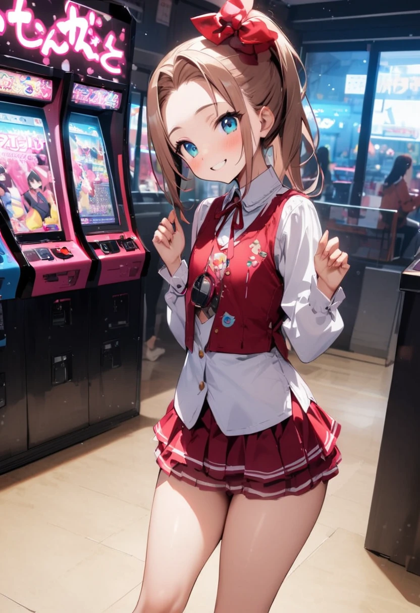 back view, standing、Butt、Panties、Panty shot、arcade、game machine、Game bench、UFO Catcher、Purikura、Date、forehead、Girl、Girl、Short、Younger、Lower school year、Baby Face、flat chest、smile、Dynamic Angle、masterpiece、best quality、ultra-detail、There are customers around、I'm making a mess、Clothing、Fashionable glasses