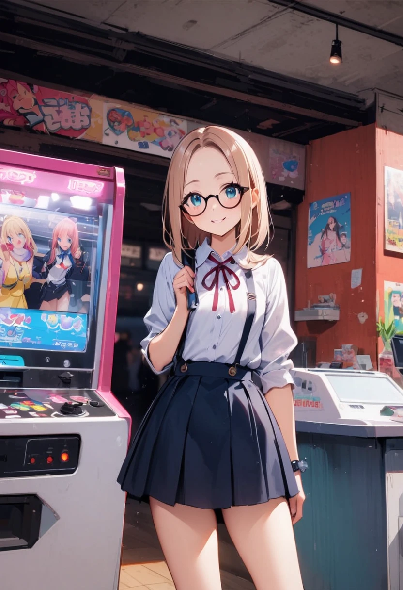 back view, Backwards、Butt、back、back of head、Hips、Hair back、Calf、Short spats、arcade、game machine、Game bench、UFO Catcher、Purikura、Date、forehead、Girl、Girl、Short、Younger、Lower school year、Baby Face、flat chest、smile、Dynamic Angle、masterpiece、best quality、ultra-detail、There are customers around、I'm making a mess、Clothing、Fashionable glasses
