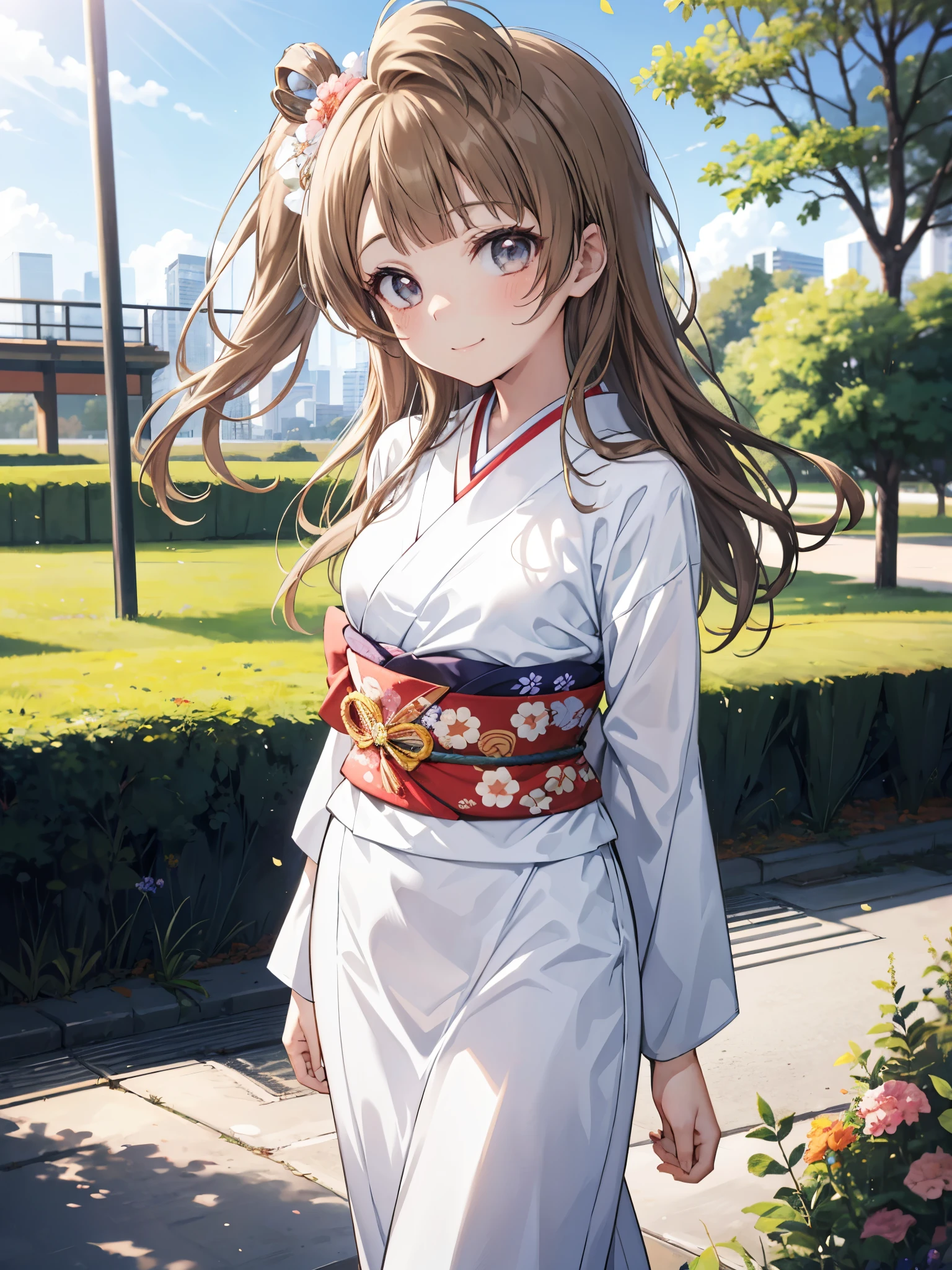 top-quality、anime girl with brown hair and beautiful flowers々Park where flowers bloom Kotori Minami、Arms behind your back、 [3D images:1.15],hight resolution、a park、Best Quality, hight resolutionであり, front-facing view、long hair overall、1girl in, firm face, Smile, Kotori, Long hair, Brown hair,、right pupil is narrow, Cute clothes、White kimono、Japanese style colorful kimono、absolute reference to center、During the walk、Dating、Thin fingertips