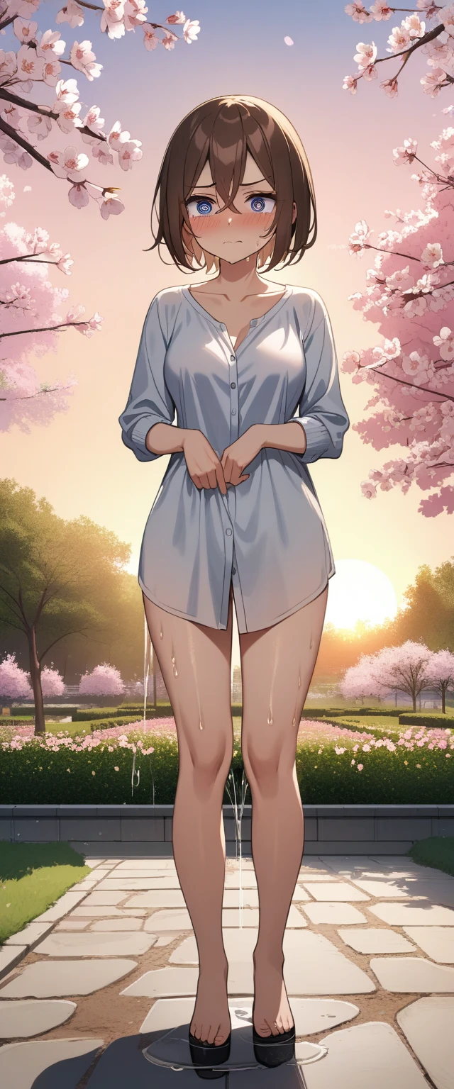 (masterpiece:1.37), best quality, (extremely detailed:1.37), 1girl, blue eyes, short hair, brown hair, hair between eyes, medium breasts, (extremely detailed eyes:1.37), (wetting self:2.0), desperation, standing, embarrassed, humiliation, blushing, angry, cherry blossoms, garden, (golden hour:1.5), full body