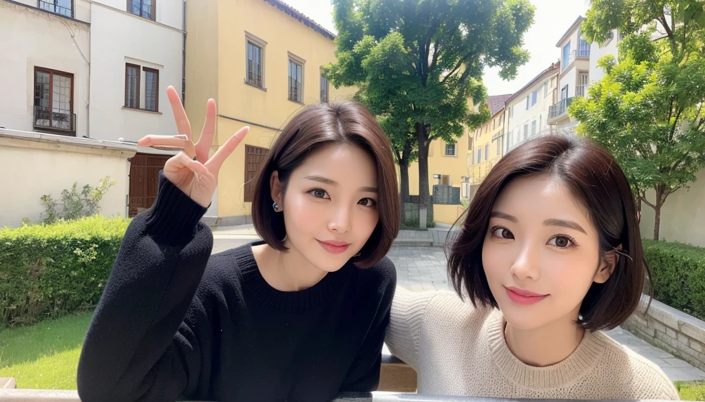 high quality, 1 woman, ((36-year-old healthy Korean woman)), ((36 years old)), 1 woman, Smile. ((slim)), ((short medium hair)), pose: standing, Myeongpum brand sweater, background:Your residence is a baroque townhouse with a plaster façade and wrought iron railings.., Overlooking the Salzach River and Hohensalzburg Fortress, 1 woman ((1 woman)) normal fingers, posture looking slightly upward