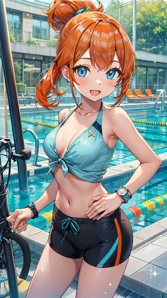 1 girl, masterpiece, best quality, highres, ro1, Misty from pokemon, hair bun, blue eyes, bikini top, blue bicycle shorts, small ponytail on the side, wristwatch, standing, hand on hip, smile, open mouth, (sparkle:1.1), orange hair, medium breasts, 3/4 body view, outdoors, swimming pool