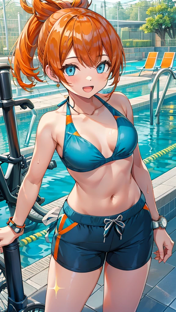 1 girl, masterpiece, best quality, highres, ro1, Misty from pokemon, hair bun, blue eyes, bikini top, blue bicycle shorts, small ponytail on the side, wristwatch, standing, hand on hip, smile, open mouth, (sparkle:1.1), orange hair, medium breasts, 3/4 body view, outdoors, swimming pool