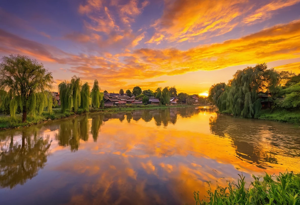 This image depicts a breathtaking sunset over the river.。, Located in a quiet rural setting. The sky is painted in shades of orange and yellow, Reflected in the calm river waters below. Trees in the landscape々and buildings are scattered around, Add depth and scale to your scene. The overall atmosphere of the image is calm and serene., Capture the beauty of nature at sunset.