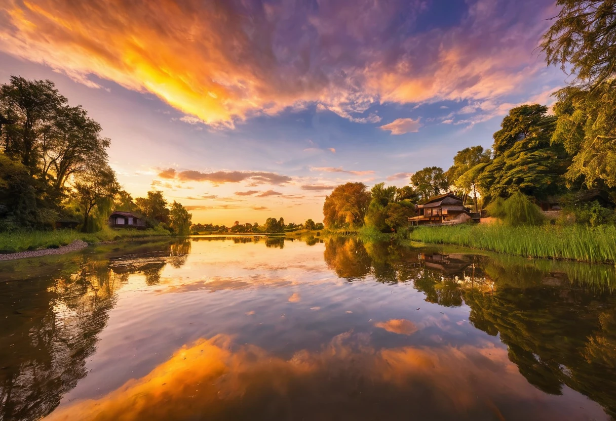 This image depicts a breathtaking sunset over the river.。, Located in a quiet rural setting. The sky is painted in shades of orange and yellow, Reflected in the calm river waters below. Trees in the landscape々and buildings are scattered around, Add depth and scale to your scene. The overall atmosphere of the image is calm and serene., Capture the beauty of nature at sunset.