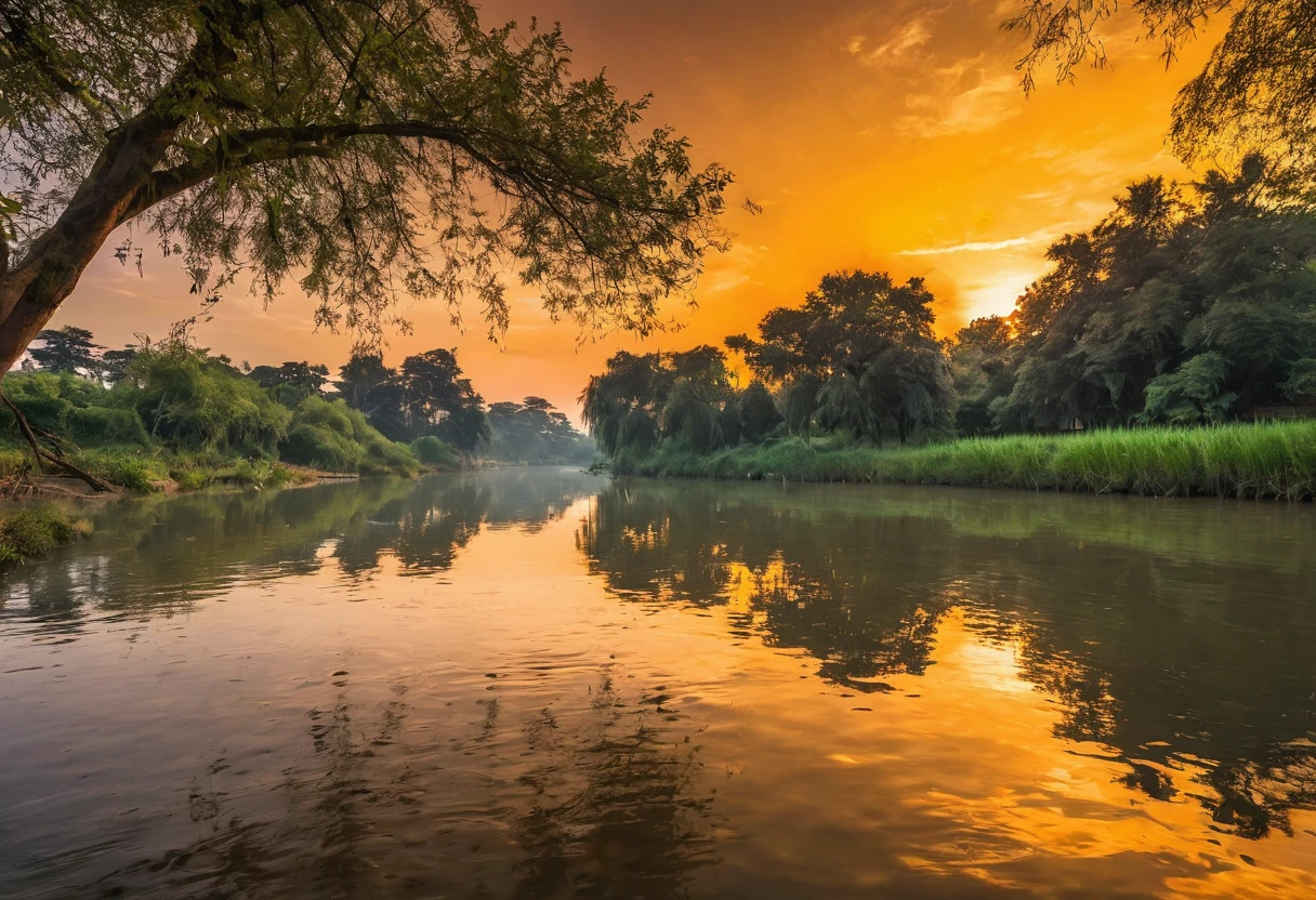This image depicts a breathtaking sunset over the river.。, Located in a quiet rural setting. The sky is painted in shades of orange and yellow, Reflected in the calm river waters below. Trees in the landscape々and buildings are scattered around, Add depth and scale to your scene. The overall atmosphere of the image is calm and serene., Capture the beauty of nature at sunset.