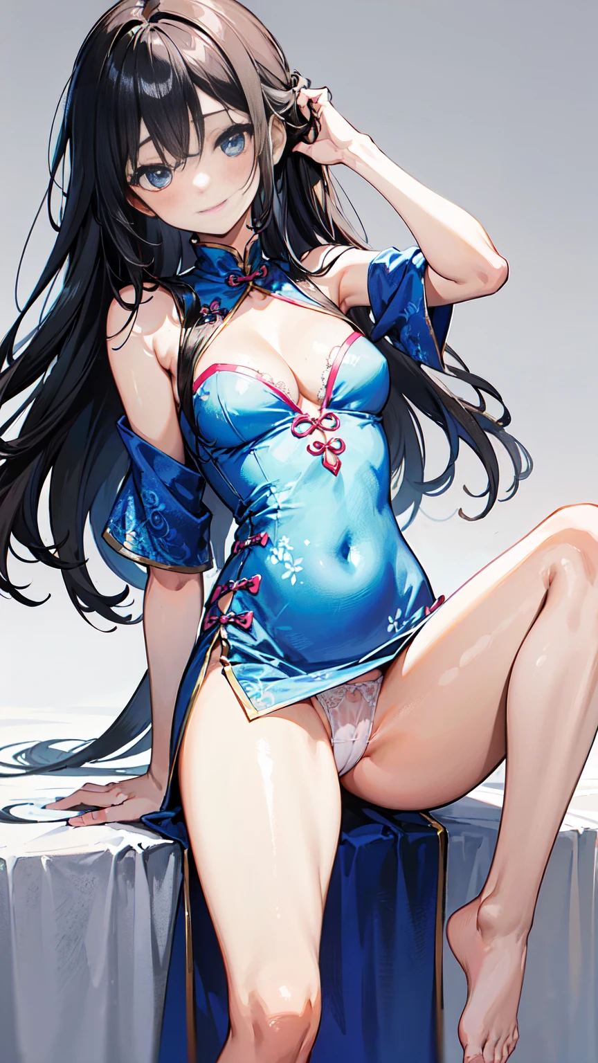 1girl, solo, 19years old, (small breasts), ((cleavage)),
(blush:0.8), ((shy face)), happy, smile, cum, laughing,
(Depict from HIP to head) ,
Black Hair, Straight Hair, medium Long Hair, bangs, Hair between the eyes, Reduce hair volume,
Sparkling blue eyes, eyelashes, looking at viewer,
Close-fitting clothing, Wearing China dress, Side slits, (knee length China dress), Floral prints, (white g-string panty), Separate panties and clothes, ((let the hem of the dress to the side)), The front and back of the skirt are the same length,
A skirt that doesn't cling to the body, The front and back of the skirt are connected on one side. A woman has two legs.., Two arms, Five fingers, Two joints in the fingers, barefoot, Perfect leg length
Spread her legs very wide, (touch her hip)
(Bare her chest), (Bow-legged), (Mucus on thighs)