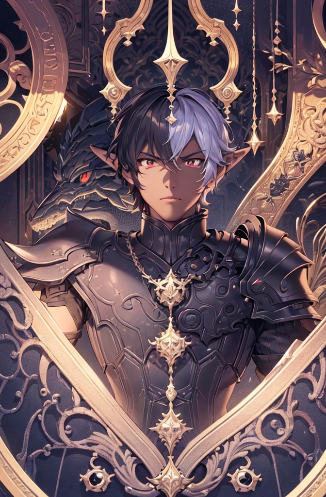 masterpiece, best quality, ultra high res, dark theme, 1boy, (dungeonpunk armor), (mechanical steampunk armor), (wearing armor), fantasy illustration, dark skinned, human, upper body, portrait, red eyes, long white hair, half-drow, pointy ears, serious face, young man, dramatic lighting, purple hue, art by Kinema Citrus