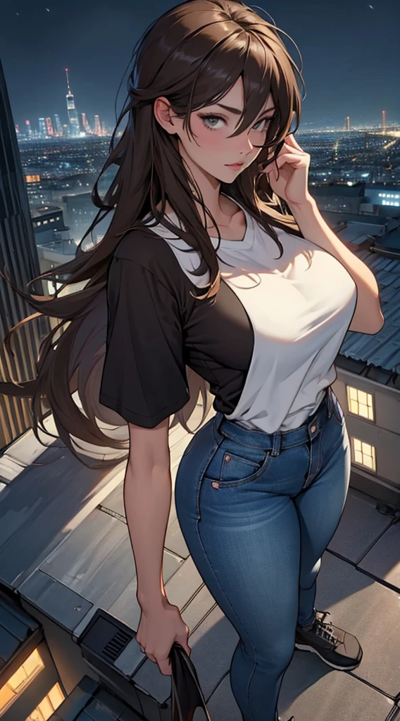 ((Midnight, Best quality, 8k, Masterpiece :1.3)), Whole body, Long legs, Sharp focus :1.2, A pretty woman with perfect figure :1.4, Slender abs :1.1, ((Dark brown hair,Gigantic breasts :1.2)), (White tight tshirt, Jean bib, Standing:1.2), ((Night city view, Rooftop:1.3)), Highly detailed face and skin texture, Detailed eyes, Double eyelid