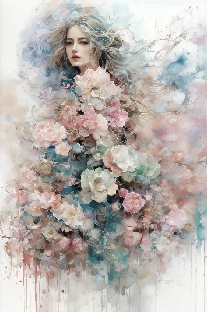 Abstract Steampunk Sage Woman, Beautiful woman、A wonderful garden, Pink and sky blue, Watercolor painting on white canvas, Familiar, A delicate touch, A true masterpiece watercolor painting, Splash、masterpiece、Highest quality、Excited、anger、Expressing victory、Detailed Description、