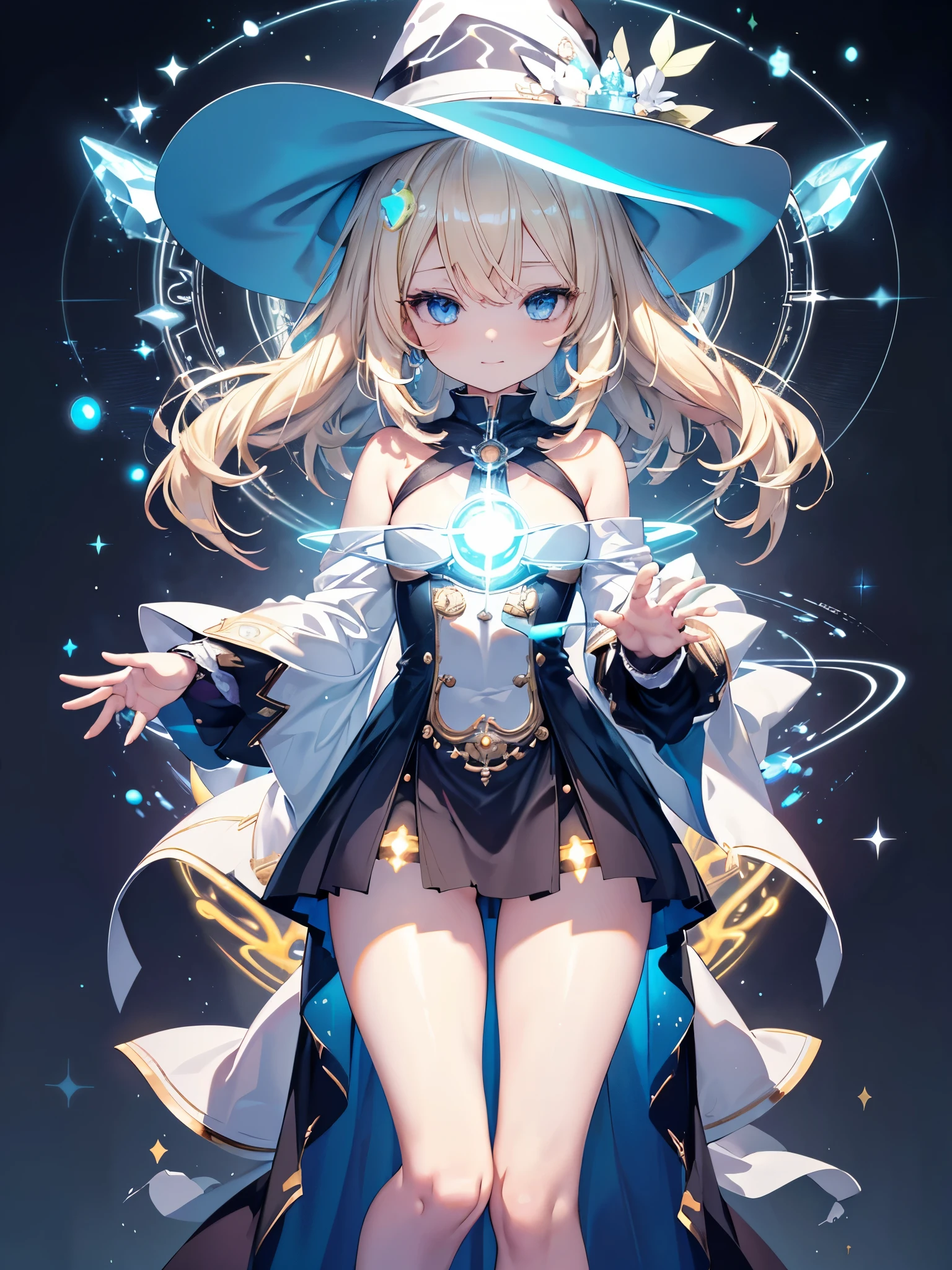 ultra-detailliert, High quality, Hyper-Realism, High resolution, extremely details CG, Best Quality,
Textured skin, ccurate, Anatomically correct, Perfect Anatomy, shiny metal, (Looking Ahead:1.3), (Magic Chanting:1.5), Standing,
1 , Solo, (Lori:1.4), nice hand, Perfect hands, Detailed hand, nice legs, (Small breasts:1.1), (toddler body:1.2),
Twin-tailed, Blonde hair, Bangs, hair behind ear, Shiny hair,
(Luminous Blue Eyes:1.3), (Half closed eyes:1.1), curvy thighs, Android Girl, (Detailed robot joints:1.2), (Detailed doll joints:1.1),
(White Witch:1.3), Witch Hat, (off shoulders:1.1), Mini skirt, (Luminous magic circle:1.5), grin,