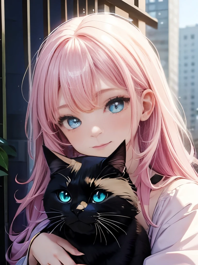 Girl with cat、Pink Hair、(Holding a black cat,Fluffy black cat)、Pink loose curls、blue eyes、Cat and glaring,smile,Cheek rubbing、Avatar